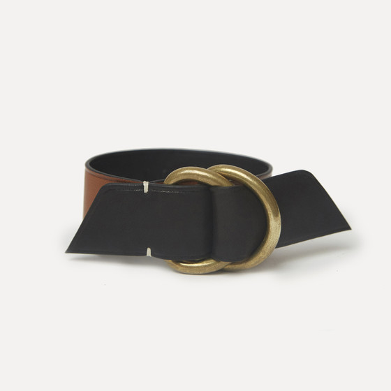 Bracelet anneaux en veau lisse gold & noir, boucles dorées