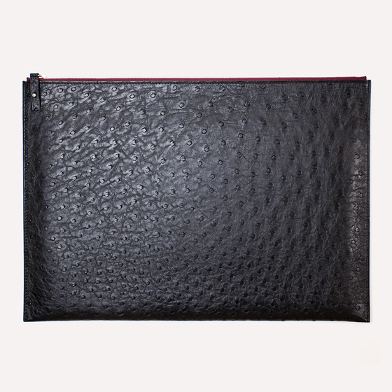 Pélican L, autruche noir, zip bordeaux