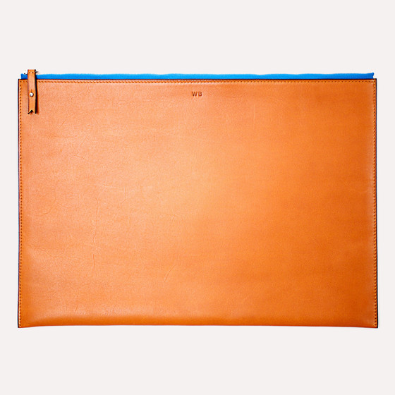 Pélican L, veau barenia gold, zip bleu