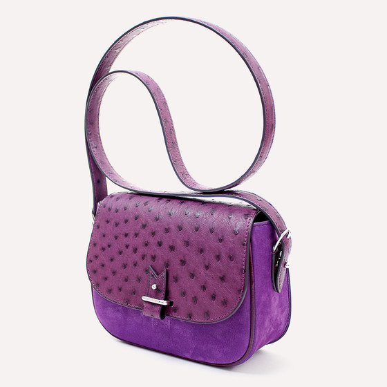 Rohan S, autruche et taurillon nubuck violet, doublure chèvre zest, finitions palladium